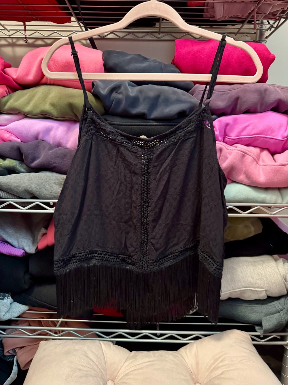 Black Fringe Lace-Trim Cami Top -  Women’s XL